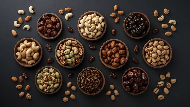 Assorted dried fruits on a matte black background. Includes almonds, cashews, raisins, pistachios, walnuts, dried figs, dried apricots, dates and fox nuts (macana).