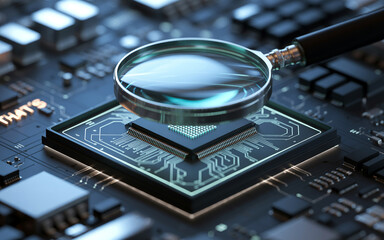 Magnifying glass over a computer processor revealing electronic circuits and digital components in a futuristic composition