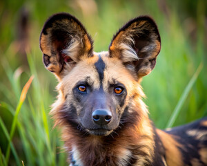 African wild dog running across savanna