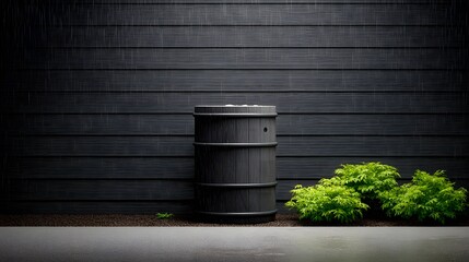 Obraz premium A realistic photo shows a dark wooden rain barrel placed against a dark plank wall in a garden du a light rain, promoting sustainable water conservation.