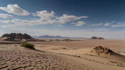 Obraz premium Vast Desolate Gobi Desert Landscape with Rugged Rocks and Isolated Sand Dune under Clear Sky
