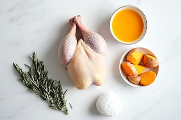 Preparing a Cornish Hen Dinner with Rosemary, Sweet Potatoes, and Gravy Ingredients
