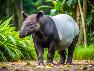 Fototapeta premium Malayan tapir walking through tropical forest