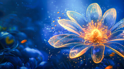 Yellow underwater flower radiates glow, surrounded by fish and dreamy ocean light reflections