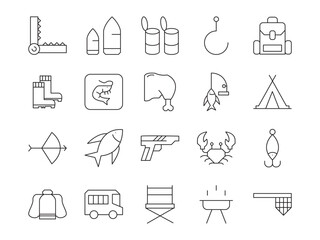 Hunting & fishing outline icon set. Containing hunting, fishing, adventure, camping, animal, fish, nature, and more. editable stroke. vector illustration