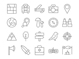 Hunting & fishing outline icon set. Containing hunting, fishing, adventure, camping, animal, fish, nature, and more. editable stroke. vector illustration