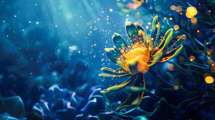 Ethereal bloom glows beneath waves, golden fish nearby, light dancing through surreal blue seascape