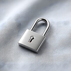 Naklejka premium A realistic photo of a secure fit, shiny metallic padlock resting gently on a textured silvery fabric, symbolizing protection and digital security conceptually.