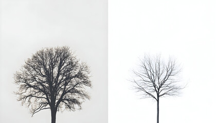 Bare trees against white sky in winter, minimalist nature photography, stark contrast, seasonal landscape