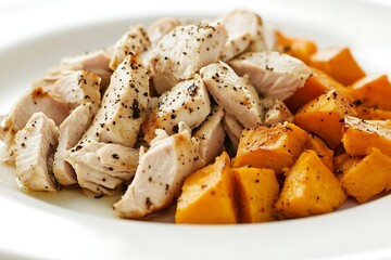Grilled chicken and roasted sweet potato chunks on a white plate for healthy eating