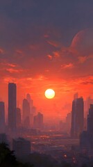 Fototapeta premium Futuristic City Skyline During Vibrant Sunset with Tall Skyscrapers and Alien Planet in Sky