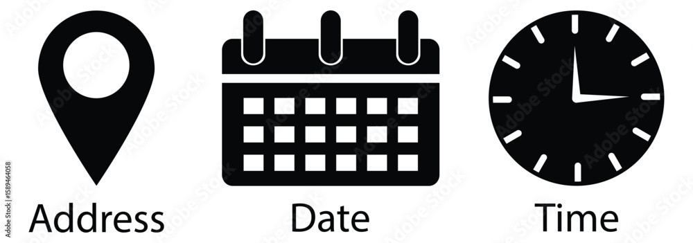 Poster time, date and address icon isolated set. event elements. containing calendar, address location poin