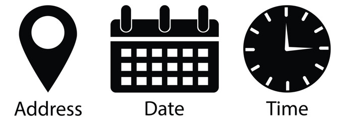 Time, date and address icon isolated set. Event elements. containing Calendar, address location pointer and alarm bell. eps 10