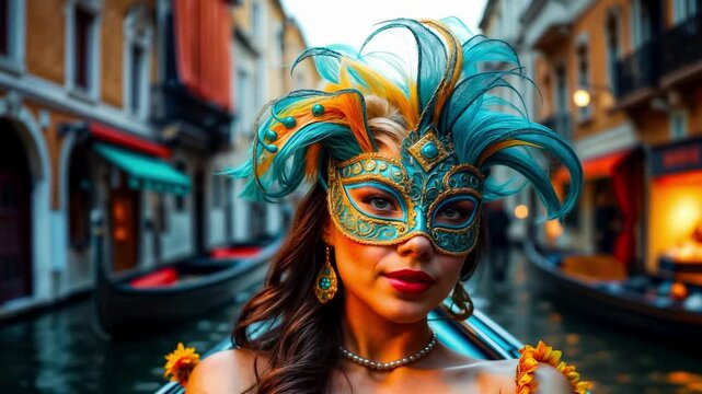 A beautiful stranger at a Venetian carnival smiles mysteriously and tenderly