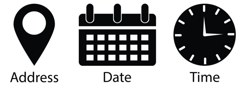 Time, date and address icon isolated set. Event elements. containing Calendar, address location pointer and alarm bell. eps 10