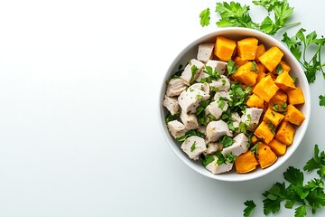 Healthy food bowl with chicken and sweet potato cubes, garnished with fresh parsley, top view