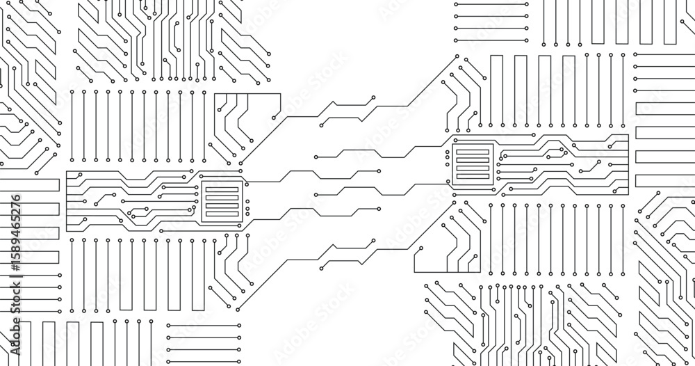 Poster abstract digital circuit board on technology white background. circuit connected lines and dots on a