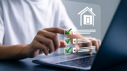 Person checking off tasks on digital list hands laptop