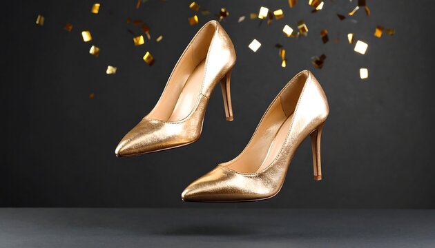 Golden high heels floating amidst golden confetti on a dark background - Powered by Adobe