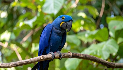 Blue macaw parrot perched on branch.