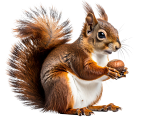 Side View of Squirrel Holding a Nut, Sitting Pose with Bushy Tail, Transparent PNG