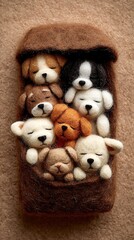 Felted Dog Puppies in Brown Felt Bed with Cozy Wool Texture