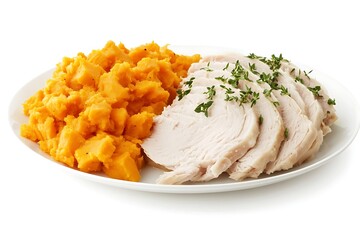 Roasted turkey breast slices with thyme and mashed sweet potatoes for Thanksgiving dinner