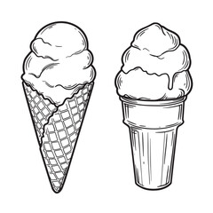Hand drawn black and white illustrations of ice cream cones perfect for summer desserts and sweet treats.