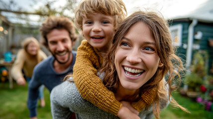 Fototapeta premium Happy family enjoying time together outdoors. A woman gives a child a piggyback ride, smiling. Family fun and togetherness.