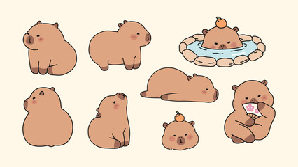 Set of Cute Capybaras isolated on a white background