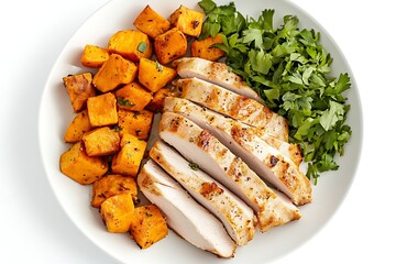Healthy lunch plate featuring sliced grilled chicken breast, roasted sweet potatoes, and fresh parsley