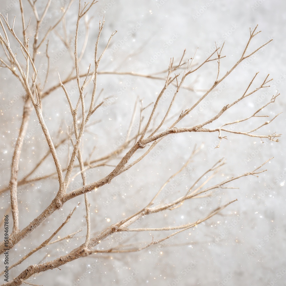 Poster bare tree branches covered in frost with snow gently falling, creating a serene winter scene.