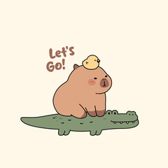 Cute Capybara on alligator and chickens friends Illustration, kawaii animal vector.