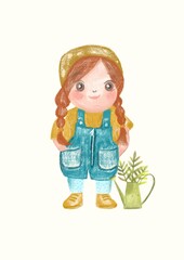 A gardening girl on a white background
