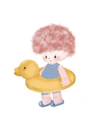 a curly little boy in a swimsuit