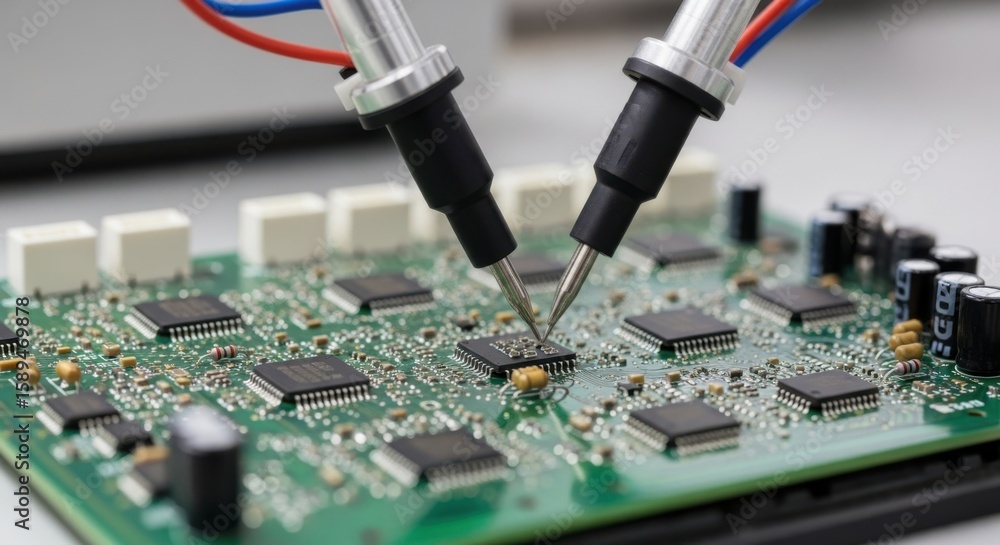 Poster closeup view of electronic circuit board with probes testing microchips, representing technology and