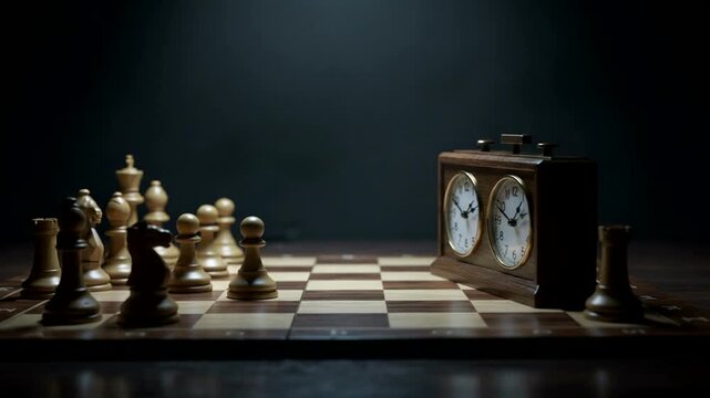 Chessboard with chess pieces and a timer
