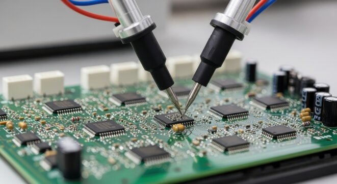 Closeup view of electronic circuit board with probes testing microchips, representing technology and innovation