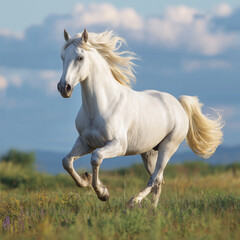 Fototapeta premium Elegant white horse galloping with mane flowing in open green field 