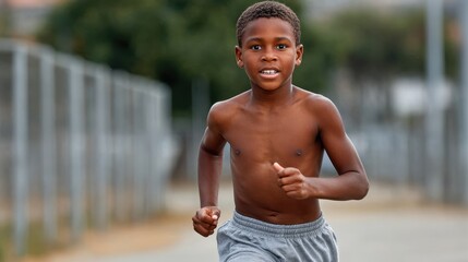 A young boy runs outside on a sunny day, showcasing his youthful energy and athleticism. His workout is a demonstration of staying in shape and maintaining his fitness