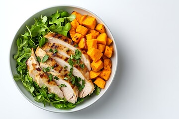 Healthy eating concept: Grilled chicken breast salad with sweet potato and arugula on white background