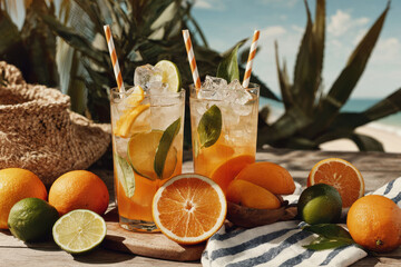 capture vibrant scene featuring refreshing cocktails and lemonades adorned with bright fruits and ice