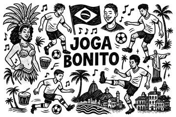 Joga Bonito Brazil Football Doodle Set, Hand Drawn Soccer Players and Brazilian Culture Icons, Rio de Janeiro Carnival Sport Illustration, Fun Graphic Collection, Black White Transparent Background © FriskySloths