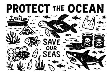 Save the Ocean Doodle Icons Set, Hand Drawn Marine Life and Pollution Awareness Illustration, Environmental Protection Concept, Sea Animals and Trash Graphics, Black White Transparent Background