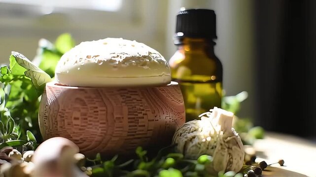 Crafted wood pot with natural herbs and garlic head arrangement