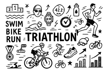 Triathlon Sport Doodle Icons Set, Swim Bike Run Race Hand Drawn Illustration, Athletic Competition Elements, Marathon Cycling Running Graphic Collection, Black White Transparent Background