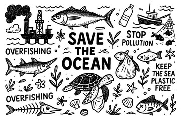 Save the Ocean Doodle Icons Set, Hand Drawn Marine Life and Pollution Awareness Illustration, Environmental Protection Concept, Sea Animals and Trash Graphics, Black White Transparent Background
