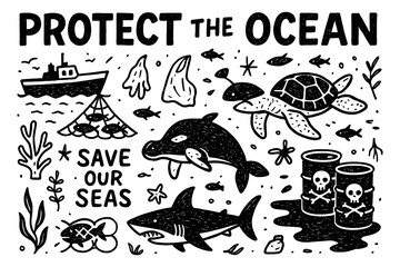 Save the Ocean Doodle Icons Set, Hand Drawn Marine Life and Pollution Awareness Illustration, Environmental Protection Concept, Sea Animals and Trash Graphics, Black White Transparent Background