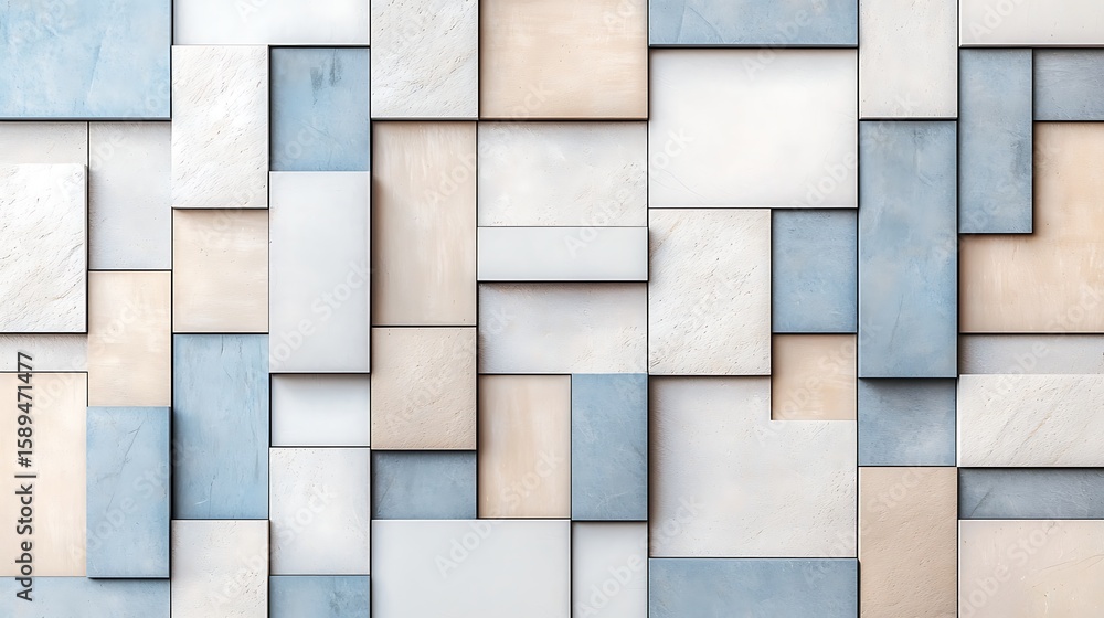 Poster abstract geometric wall pattern with rectangular tiles in soft blue, beige, and white tones, creatin