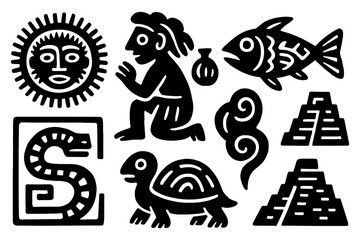 Black and white tribal Aztec and Mayan symbols, including animals, sun, deities, and abstract icons, bold silhouette style, Transparent Background